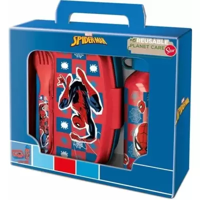 Conjunto de lanche reutilizável Spider-Man com garrafa, prato e talheres em caixa azul.