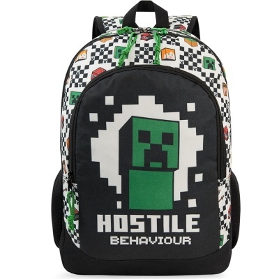 Mochila preta com design pixelizado e texto HOSTILE BEHAVIOUR