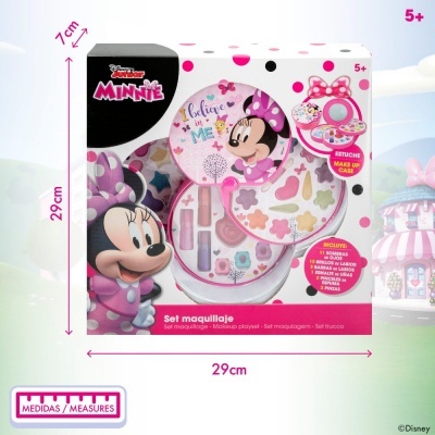 Set maquilhagem Disney Junior Minnie com estojo decorado e vários produtos dentro, embalagem colorida com medidas indicadas