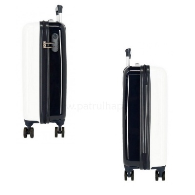Mala de viagem rígida branca com detalhes pretos e rodas giratórias vista de lado
