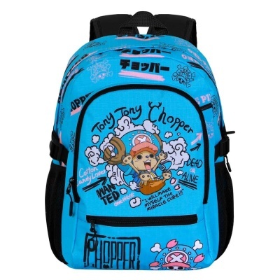 Mochila azul com personagens de Tony Tony Chopper e textos em inglês