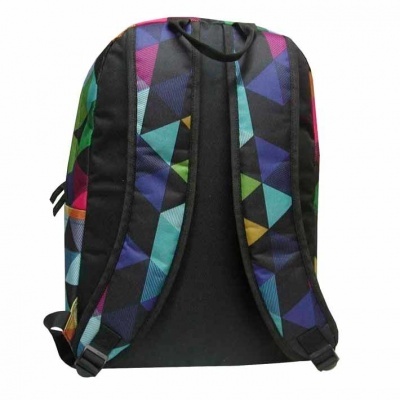 Mochila colorida com padrão geométrico e alças pretas acolchoadas