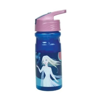 Garrafa de plástico azul com tampa rosa e personagem feminina ilustrada