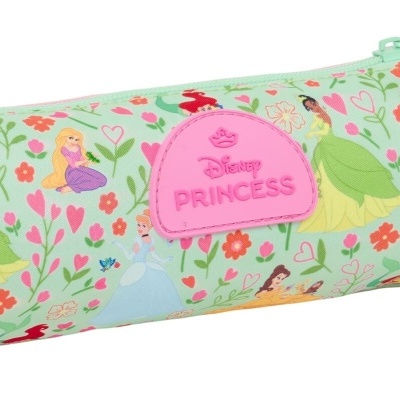 Estojo Disney Princess cilíndrico verde claro com princesas e flores coloridas