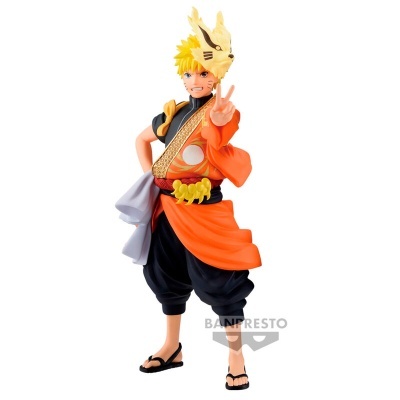 Figura colecionável personagem anime com roupa laranja e preta e cabelo louro