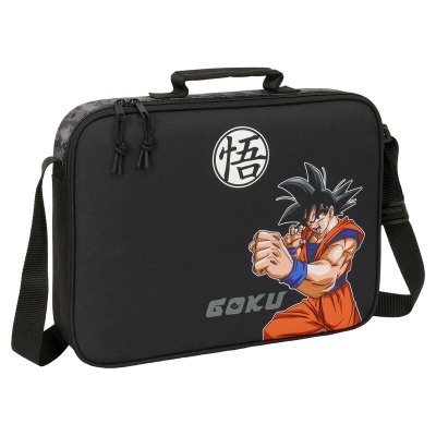 Mala preta com desenho de Goku e texto GOKU