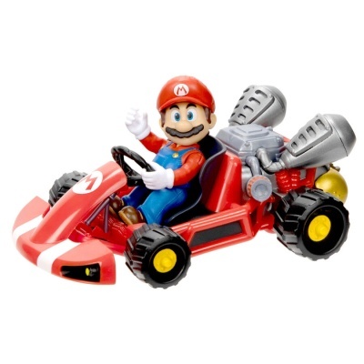Brinquedo de Mario em kart vermelho com motor cinza e pneus pretos e amarelos