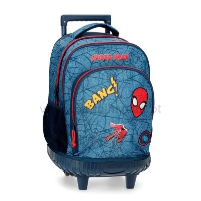 Mochila de rodinhas azul Homem-Aranha com padrão de teia e texto