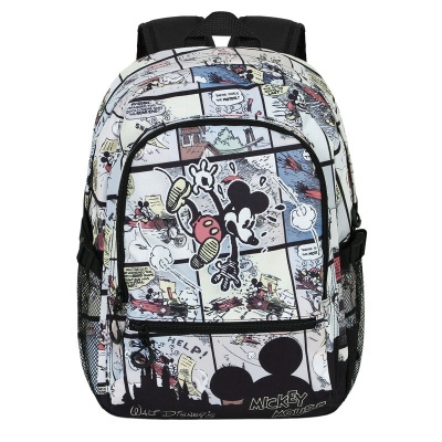 mochila estampada com desenhos do Mickey Mouse e bolsos laterais em rede
