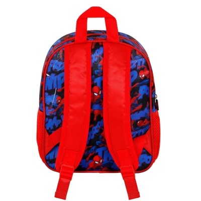 Mochila infantil vermelha e azul com estampa do Homem-Aranha vista de trás.