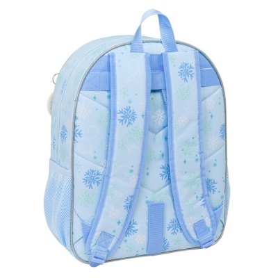 Mochila azul claro com padrão de flocos de neve e alças acolchoadas