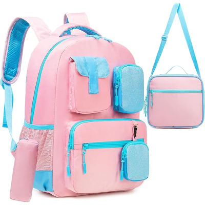 Mochila rosa com detalhes azuis e bolsa transversal rosa e azul