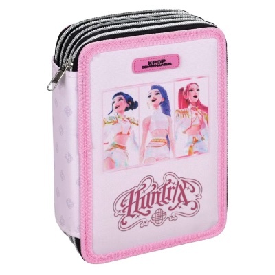 Estojo escolar cor-de-rosa decorado com três personagens femininas animadas K-POP.