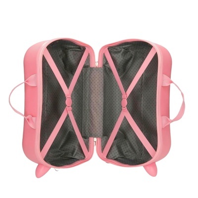 Mala de viagem rosa para crianças aberta, mostrando interior cinza com padrão de pontos e tiras elásticas