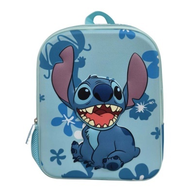 Mochila azul com personagem Stitch e flores azuis