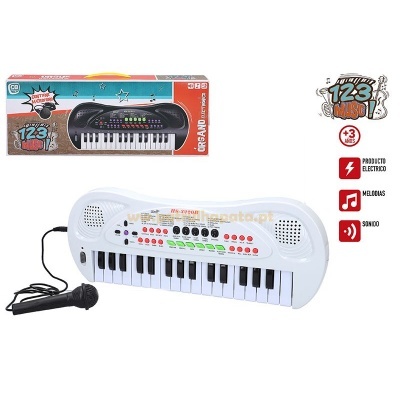 Teclado infantil branco e preto com microfone e embalagem colorida 123 MUSIC