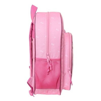 Mochila infantil rosa com bolso lateral em rede e dois compartimentos com fecho de correr