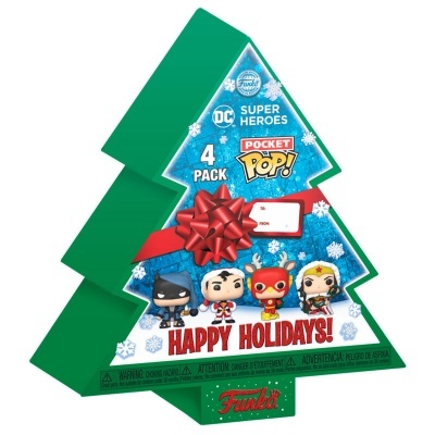 Caixa verde em forma de árvore de Natal com figuras Pocket Pop! de super-heróis DC