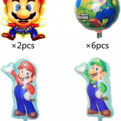Balões Super Mario Bros com imagens dos personagens Mario e Luigi em diversas formas e cores.