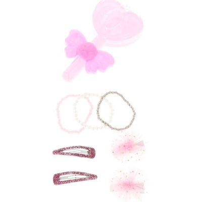 Acessórios para cabelo cor-de-rosa incluindo pente, pulseiras, ganchos e tule com pontos dourados