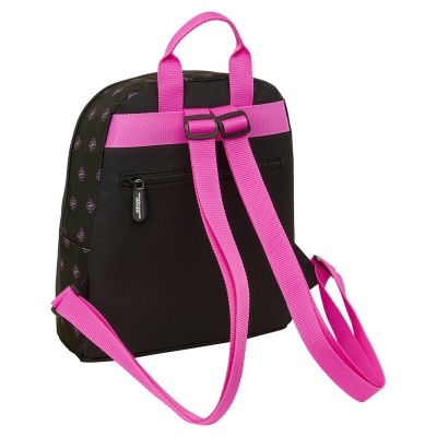 Mochila preta com alças e pega rosas e padrão de círculos