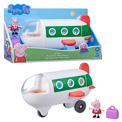 Brinquedo avião branco e verde com figuras Peppa Pig e mala em embalagem azul