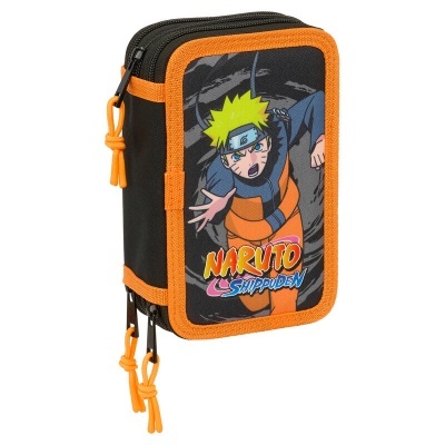 Estojo escolar preto e laranja com estampa de Naruto Shippuden