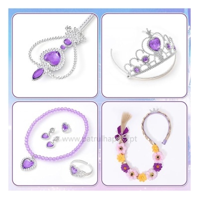 Conjunto infantil de joias e acessórios em roxo e prata com flores
