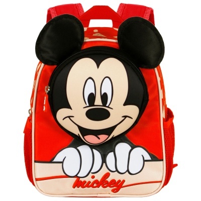 Mochila infantil vermelha com cara do Mickey e orelhas pretas tridimensionais