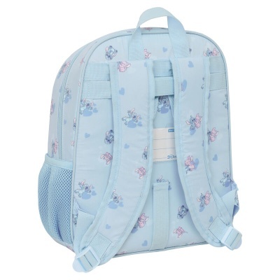 Mochila azul clara com padrão de desenhos de Stitch e alças acolchoadas