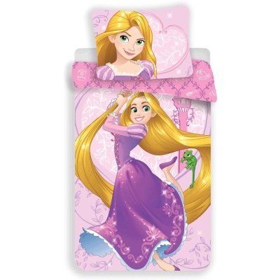 Capa de edredão e fronha rosa e roxo com Rapunzel da Disney e camaleão.
