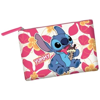 Necessaire com padrão floral e imagem do Stitch a segurar um gelado