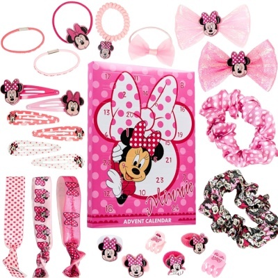 Acessórios para cabelo da Minnie em rosa e vermelho com laços e bolinhas e calendário do advento