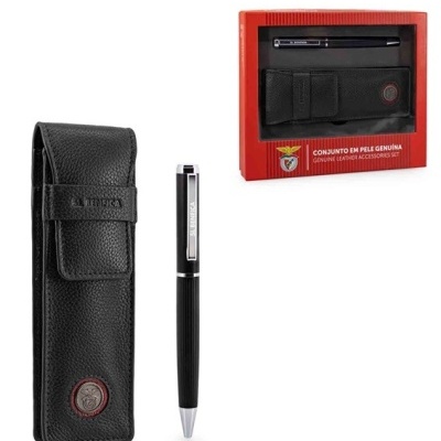 Conjunto em pele genuína com estojo e caneta preta em embalagem vermelha