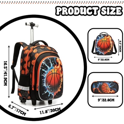 Mochila escolar com desenho de bola de basquetebol em chamas e água, com rodas e estojo correspondente.