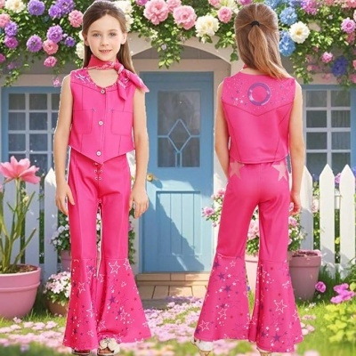 Grupo de roupas cor-de-rosa para menina com estrelas e colete