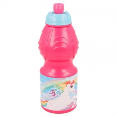 Garrafa plástico rosa e azul com desenho de unicórnio e arco-íris