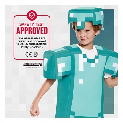 Criança fantasia Minecraft em verde pixelado e selo de aprovação de segurança