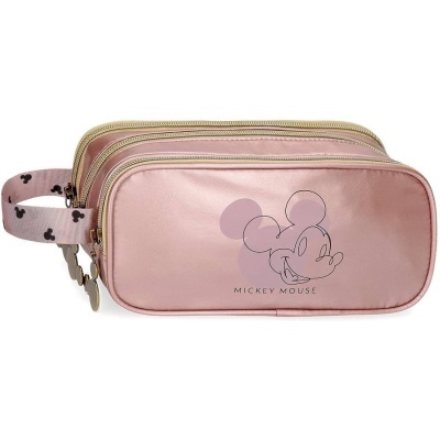 Estojo escolar duplo rosa metálico com desenho do Mickey Mouse