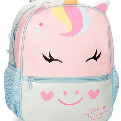 Mochila infantil rosa e azul claro com estampa de unicórnio e detalhes coloridos.