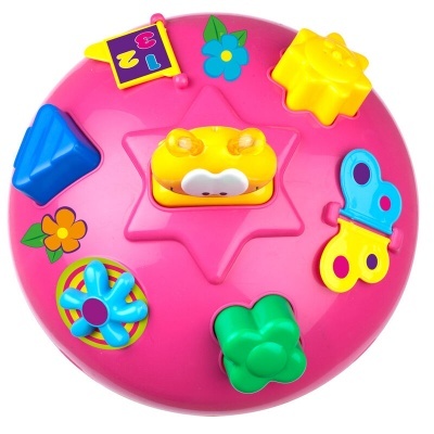 Brinquedo infantil redondo cor-de-rosa com formas coloridas destacáveis