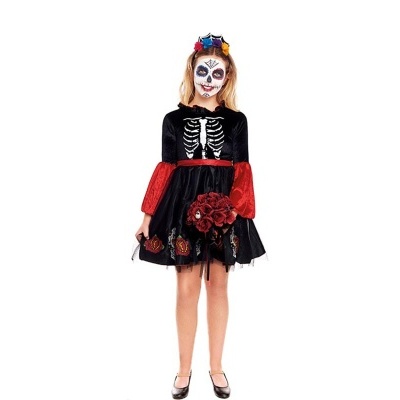 Vestido infantil preto e vermelho com esqueleto e flores com maquiagem facial temática