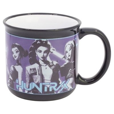 Caneca preta de cerâmica com imagem roxa e texto HUNTRAX