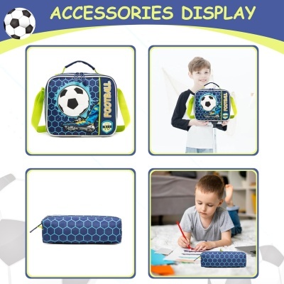 Conjunto escolar azul com bola de futebol e texto FOOTBALL