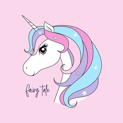 Ilustração de cabeça de unicórnio colorido com texto fairy tale
