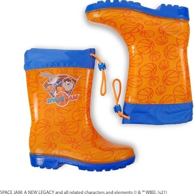 Botas de chuva para crianças laranja e azul com padrão de bolas de basquete