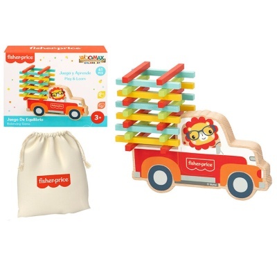 Brinquedo de madeira Fisher-Price com carro vermelho e barras coloridas para empilhar