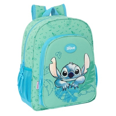 mochila infantil verde e azul com estampa Stitch e bolsos