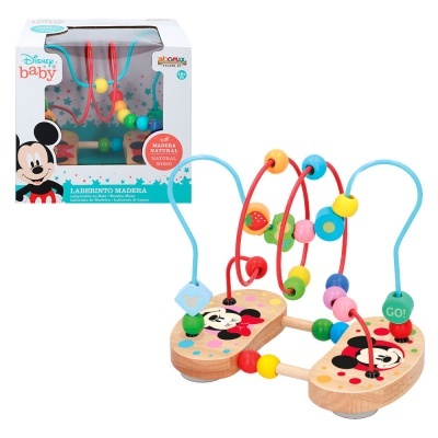 Labirinto de madeira com contas coloridas e base com a personagem Minnie da Disney