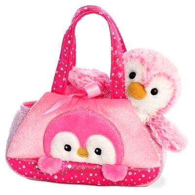 Mala de peluche rosa com pinguim e padrão de bolinhas
